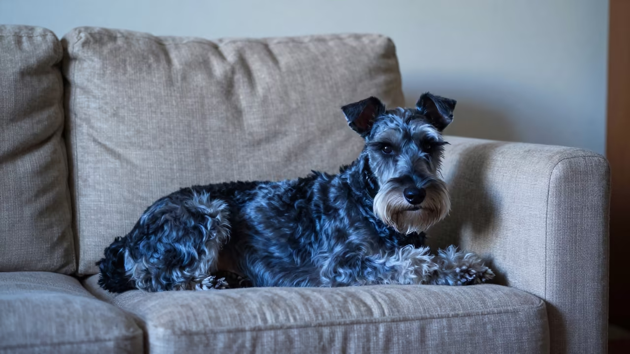 Silky Terrier Resting on Linen Sofa in Dawn Light in on a linen sofa with daylight from a nearby window in Sydney