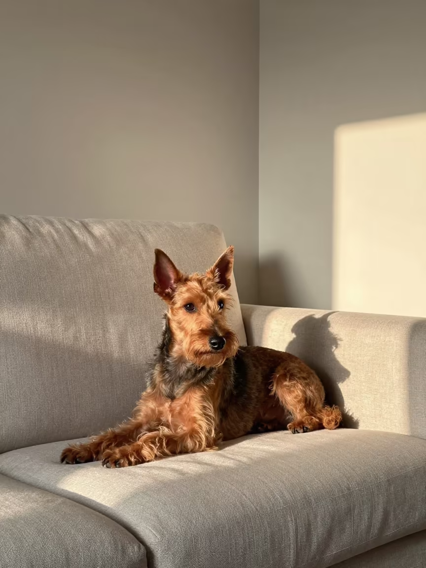Silky Terrier Resting on Linen Sofa in on a linen sofa with daylight from a nearby window near Varanasi