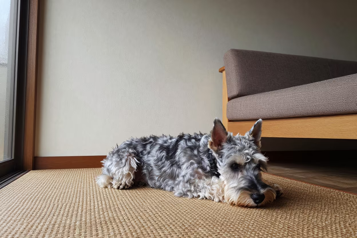 Silky Terrier Resting on Woven Rug in Kamakura Home in on a woven rug beside a low couch and an uncluttered wall in Kamakura