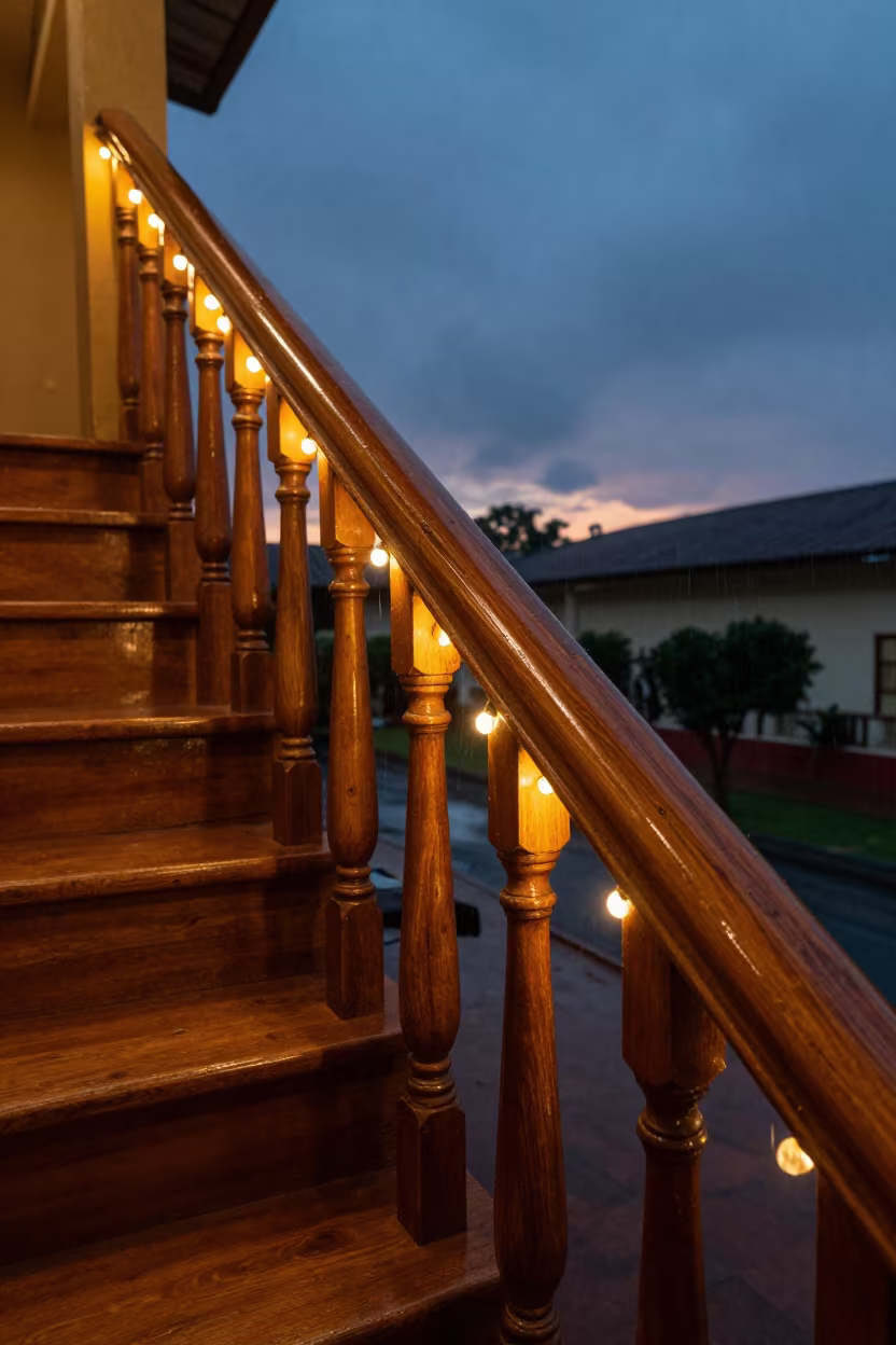 Silky Worn Handrail in Monsoon Twilight Hall in in a lecture hall before the crowd arrives near El Tigre