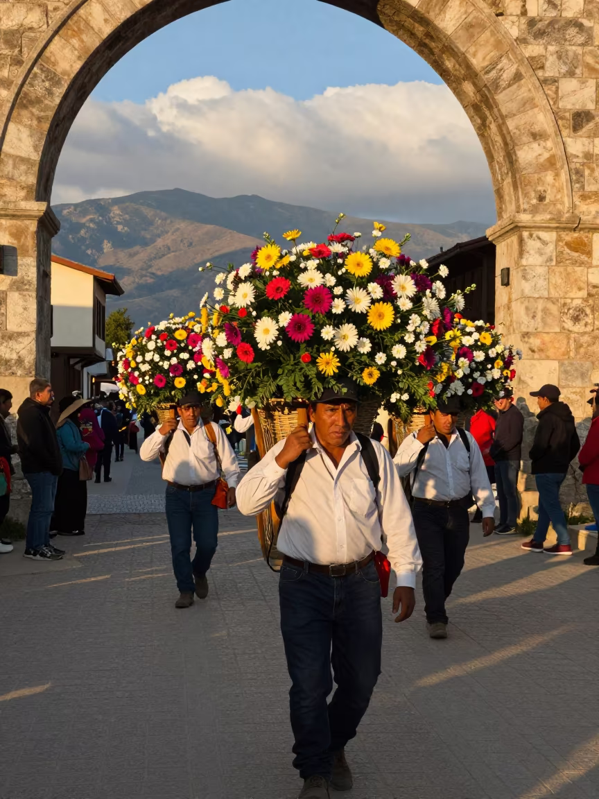 Silleteros Carrying Flowers in Şanlıurfa Street in at a festival street procession near Şanlıurfa