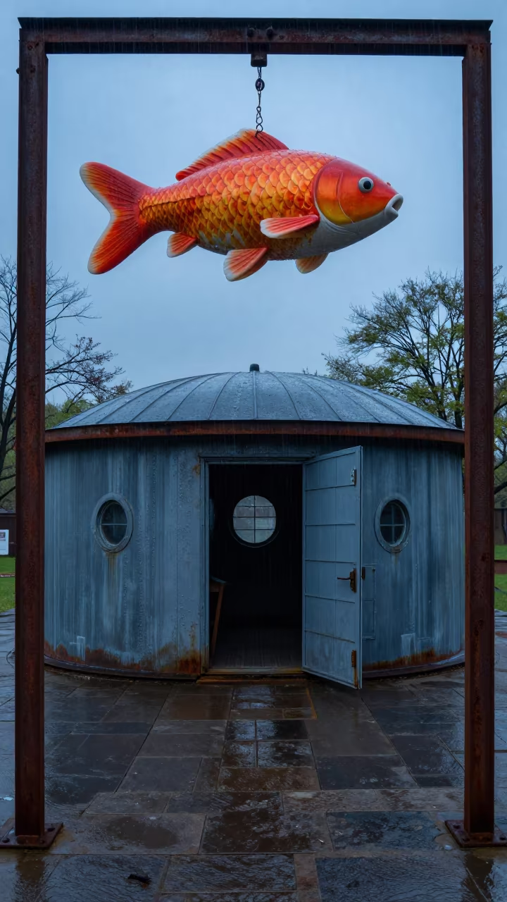 Silo and Koi in Blue Rain Hammam in inside a roofless hammam in Pennsylvania
