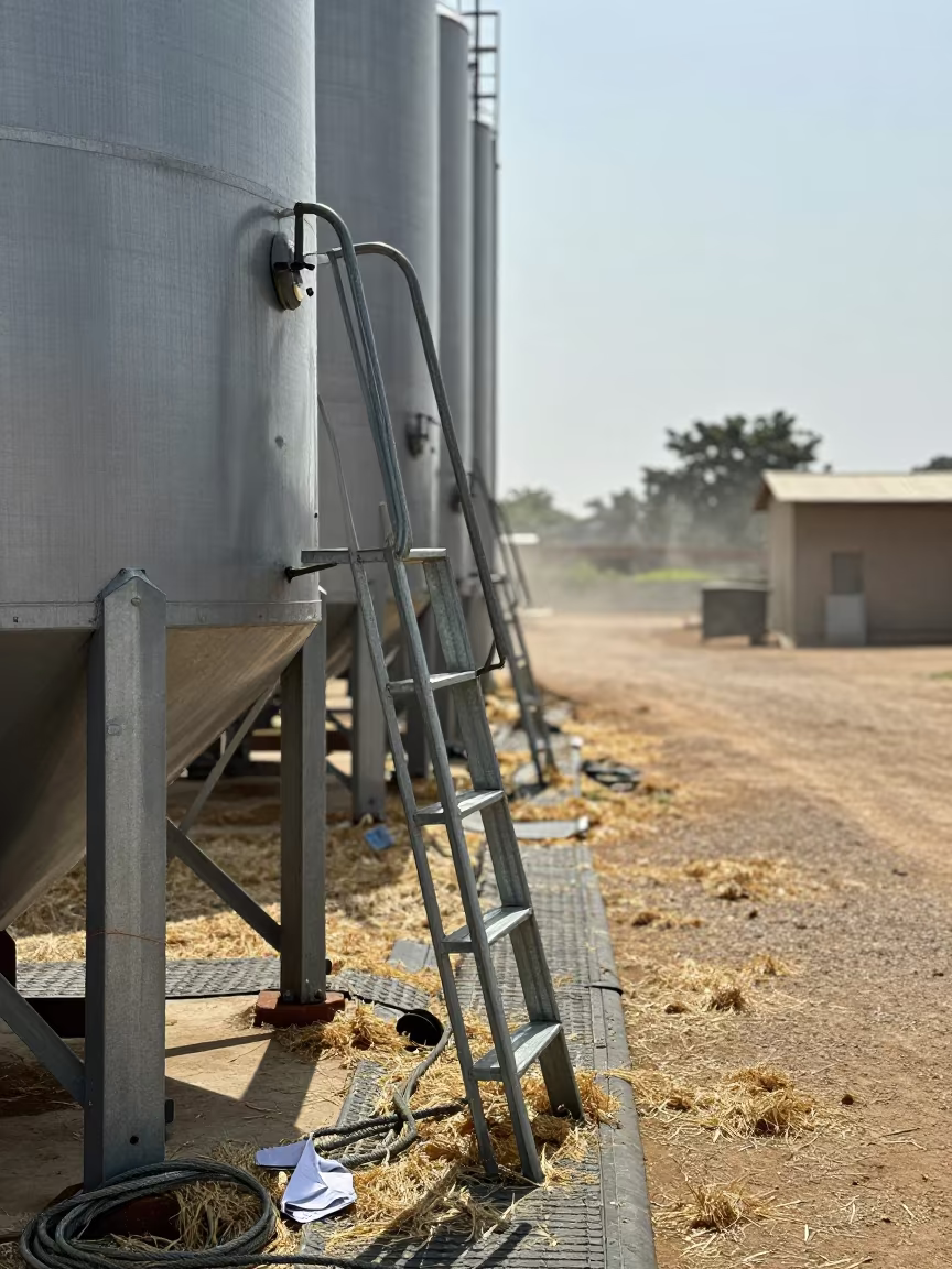 Silo Ladder Inspection Under Noon Light in along a feedlot lane in Gambia