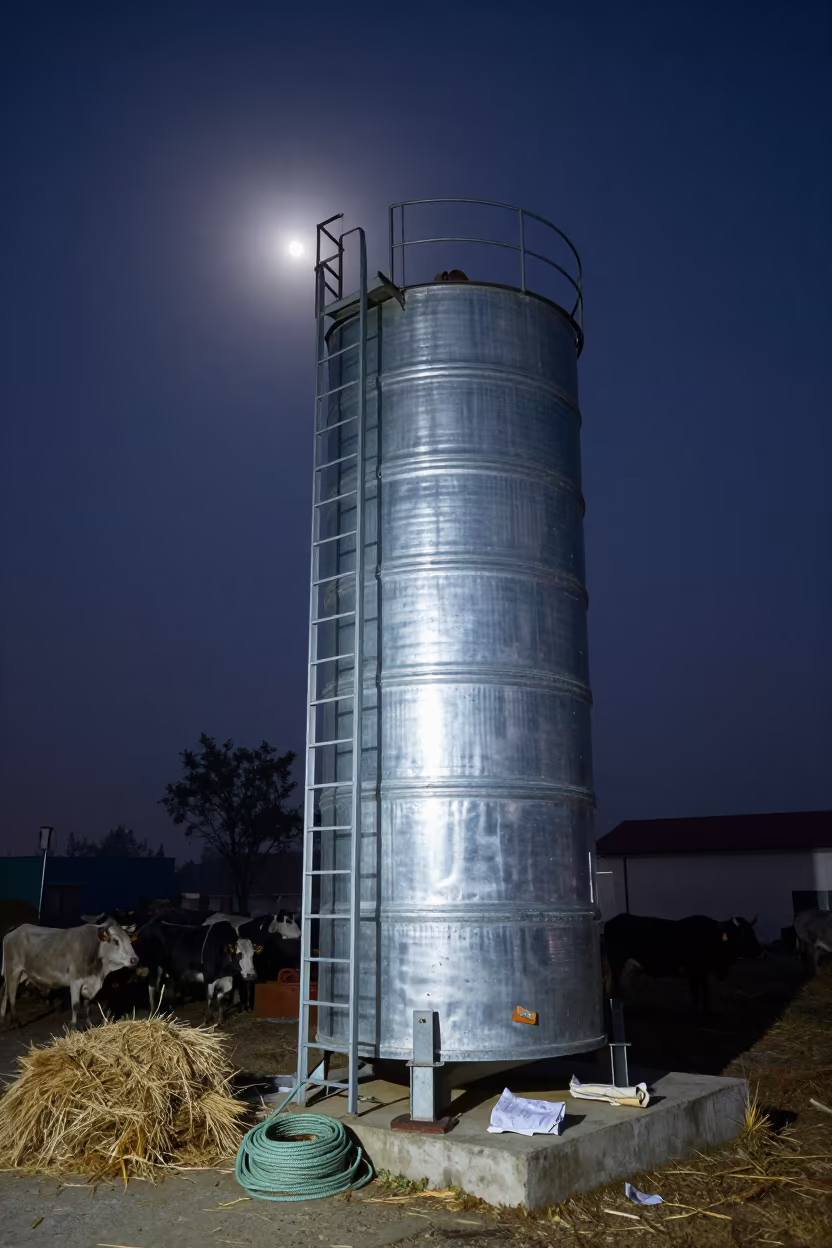 Silo Ladder Under Moonlight Fog in at a stockyard loading ramp in Uttarakhand