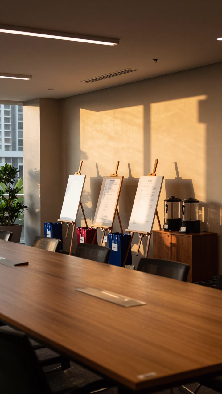 Silom Conference Foyer Sunset Light and Easels in at a boardroom table before a meeting in Silom, Bangkok
