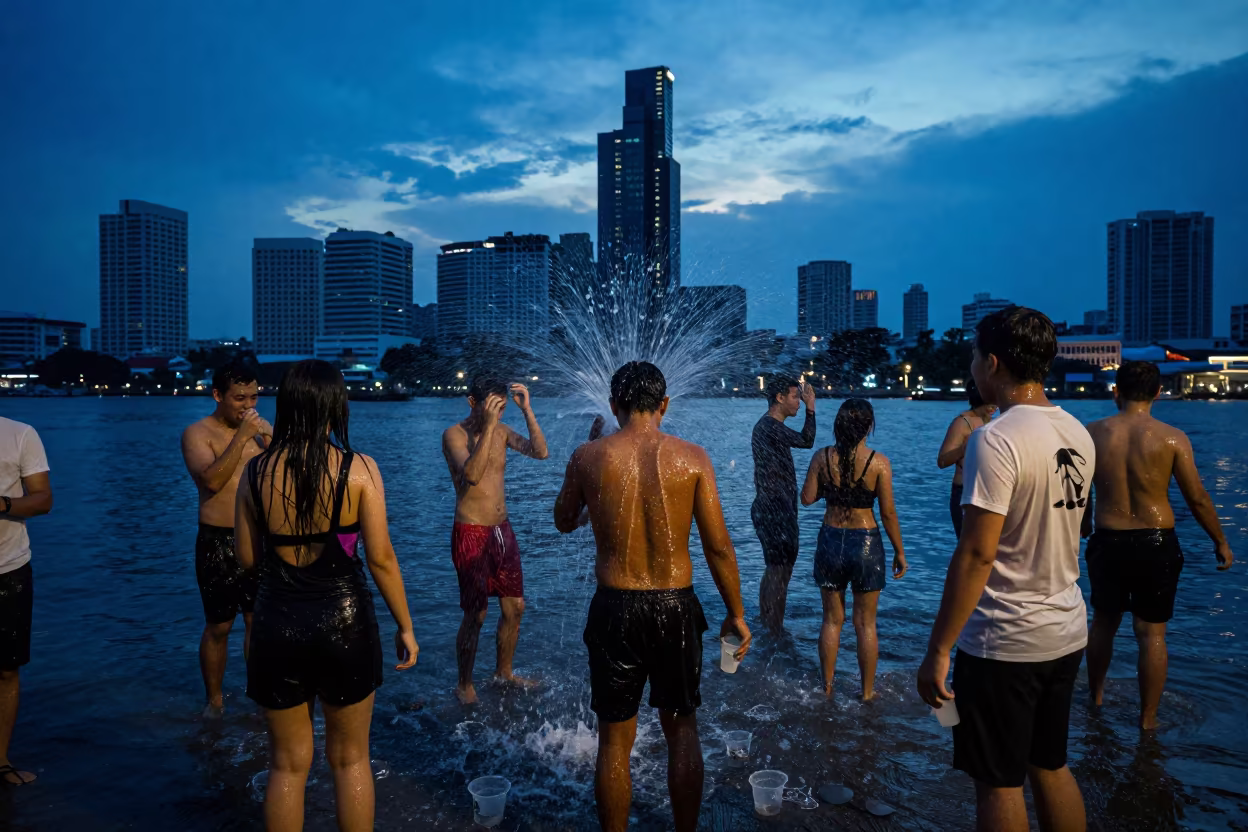 Silom Water Festival Reveler at Dusk in at a waterfront celebration in Silom, Bangkok