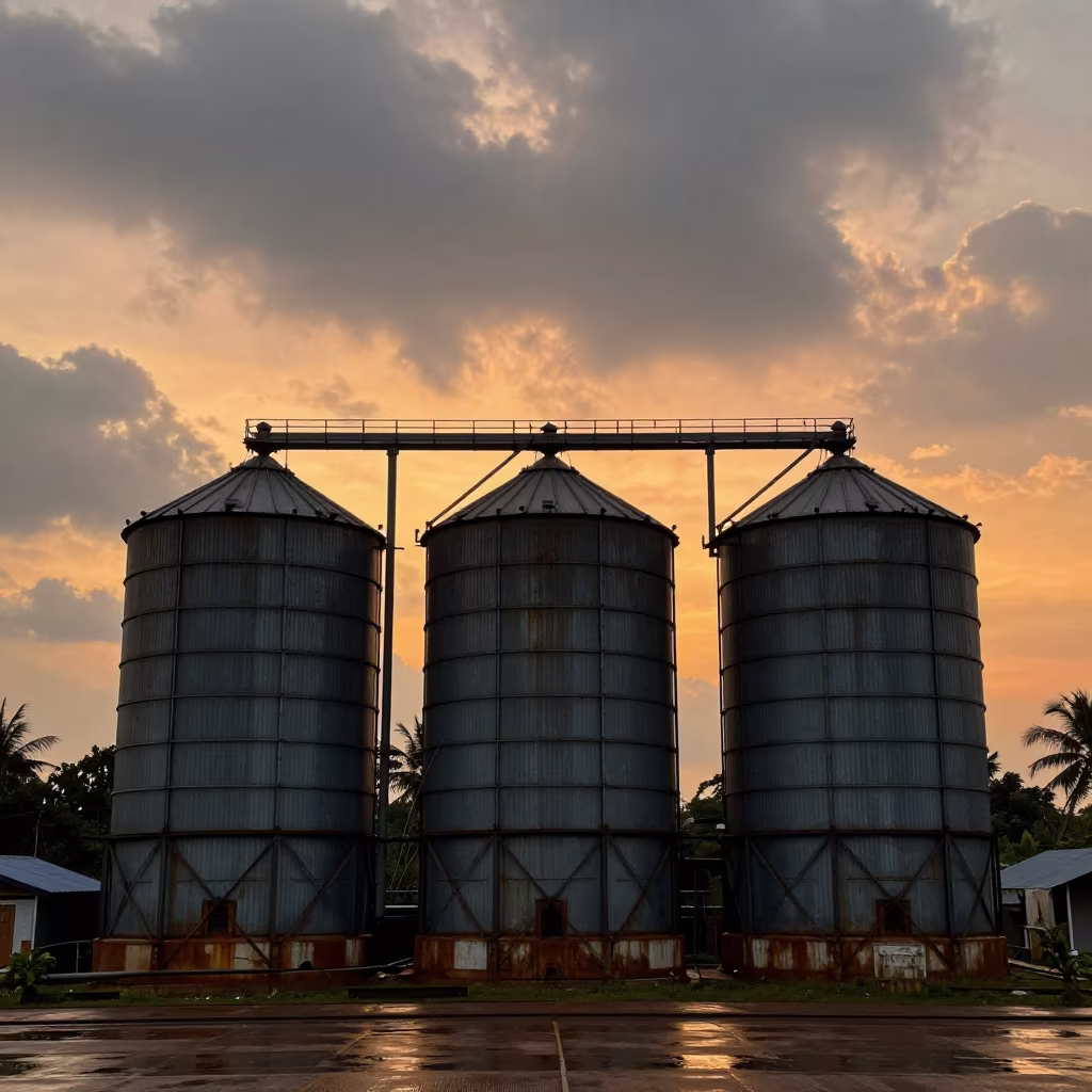 Silos Silhouetted Against Orange Rainy Sunset in beside exposed structural steel in Tamil Nadu