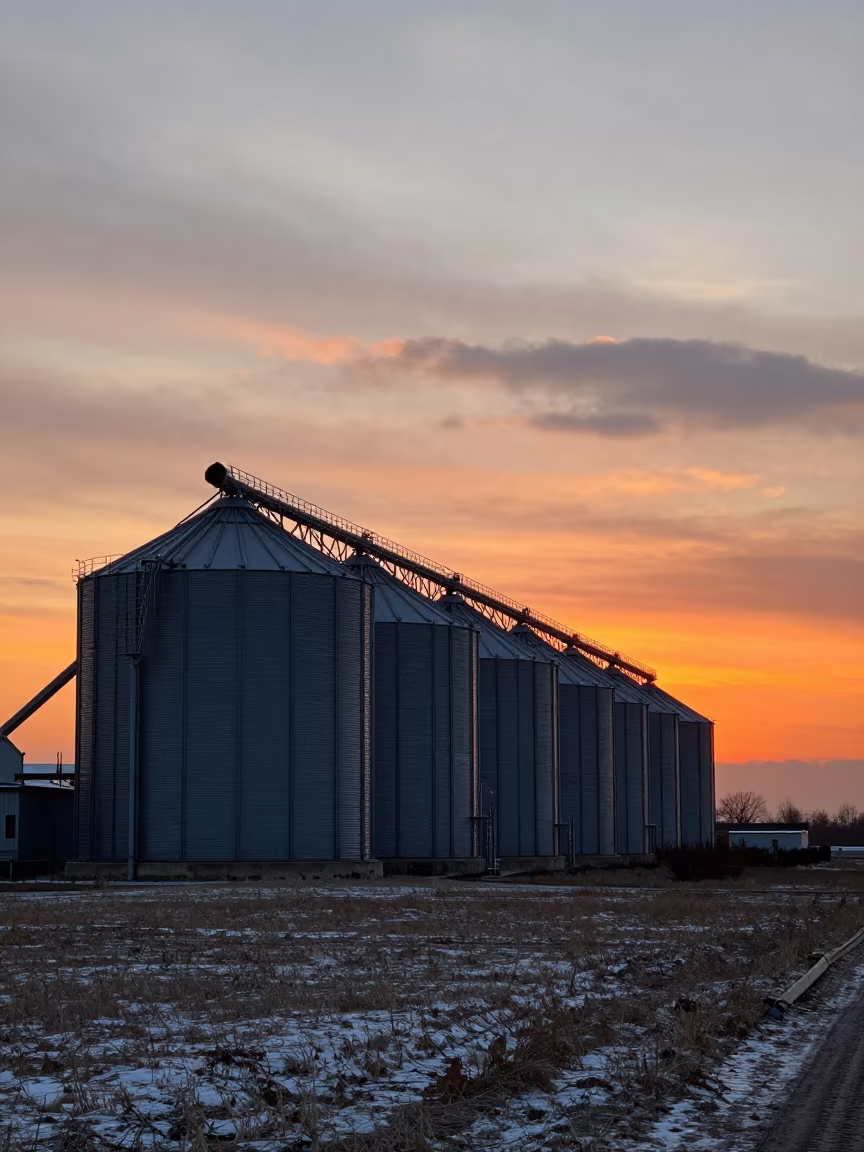 Silos Silhouetted Against Winter Sunset in near Kyiv