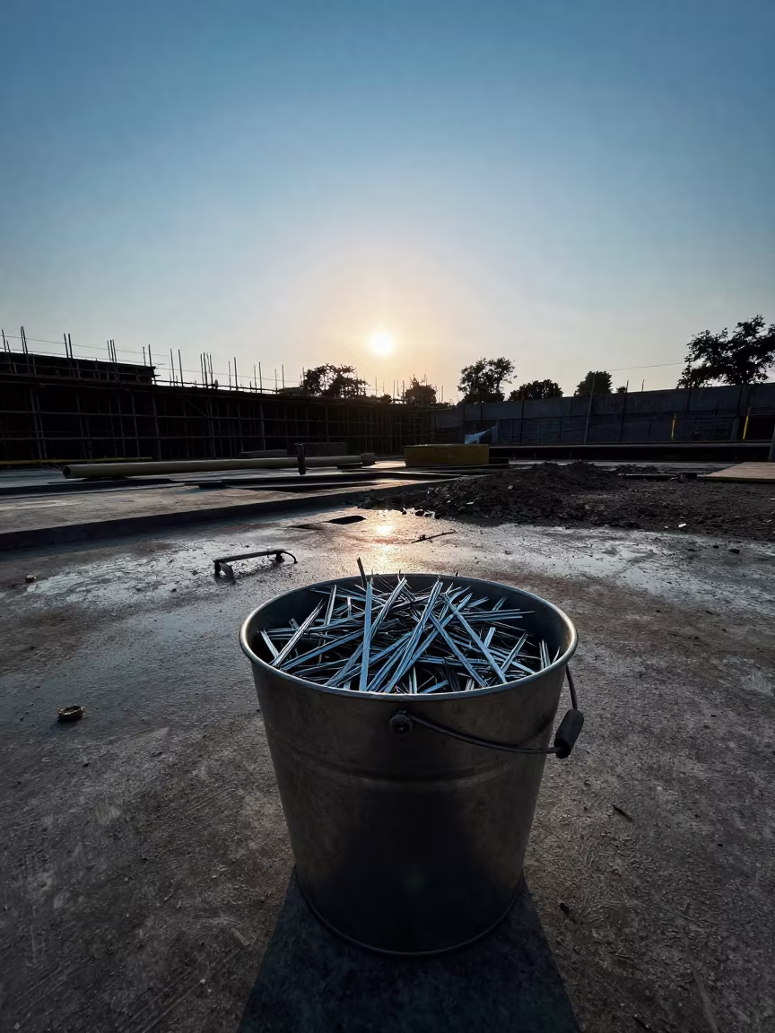 Silt Fence Staple Bucket on Construction Deck in on an active construction deck near Amritsar