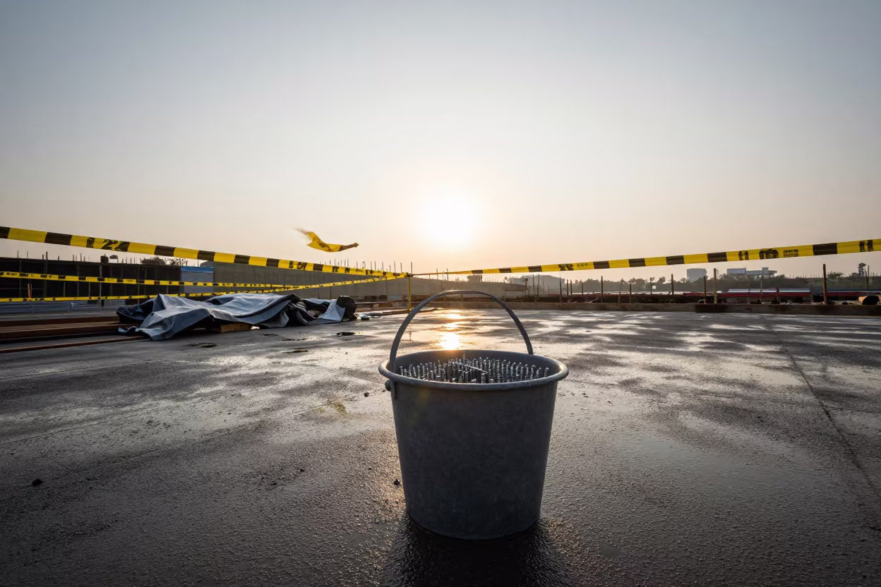 Silt Fence Staple Bucket at Dawn in on an active construction deck in Taiwan