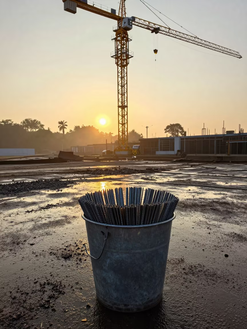 Silt Fence Staple Bucket in Managua Golden Hour in beneath a tower crane on open ground in Managua