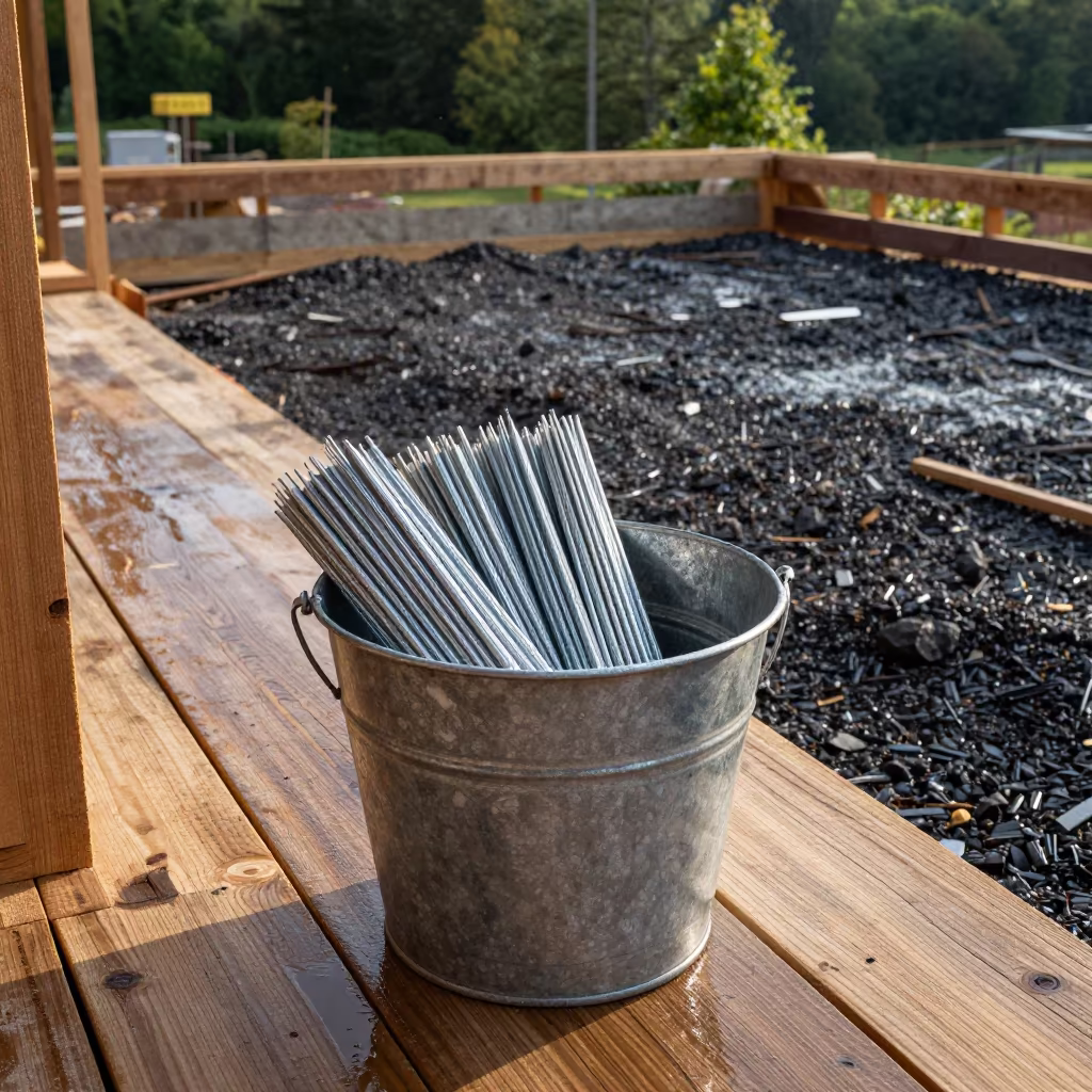 Silt Fence Staple Bucket on West Virginia Deck in on an active construction deck in West Virginia