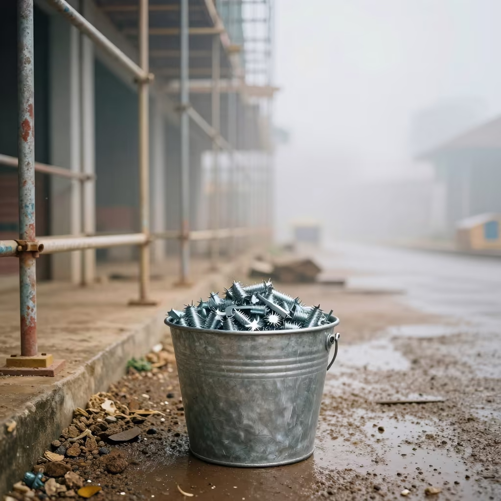 Silt Fence Staple Bucket on Wet Ground in along a scaffolded facade near Yaounde