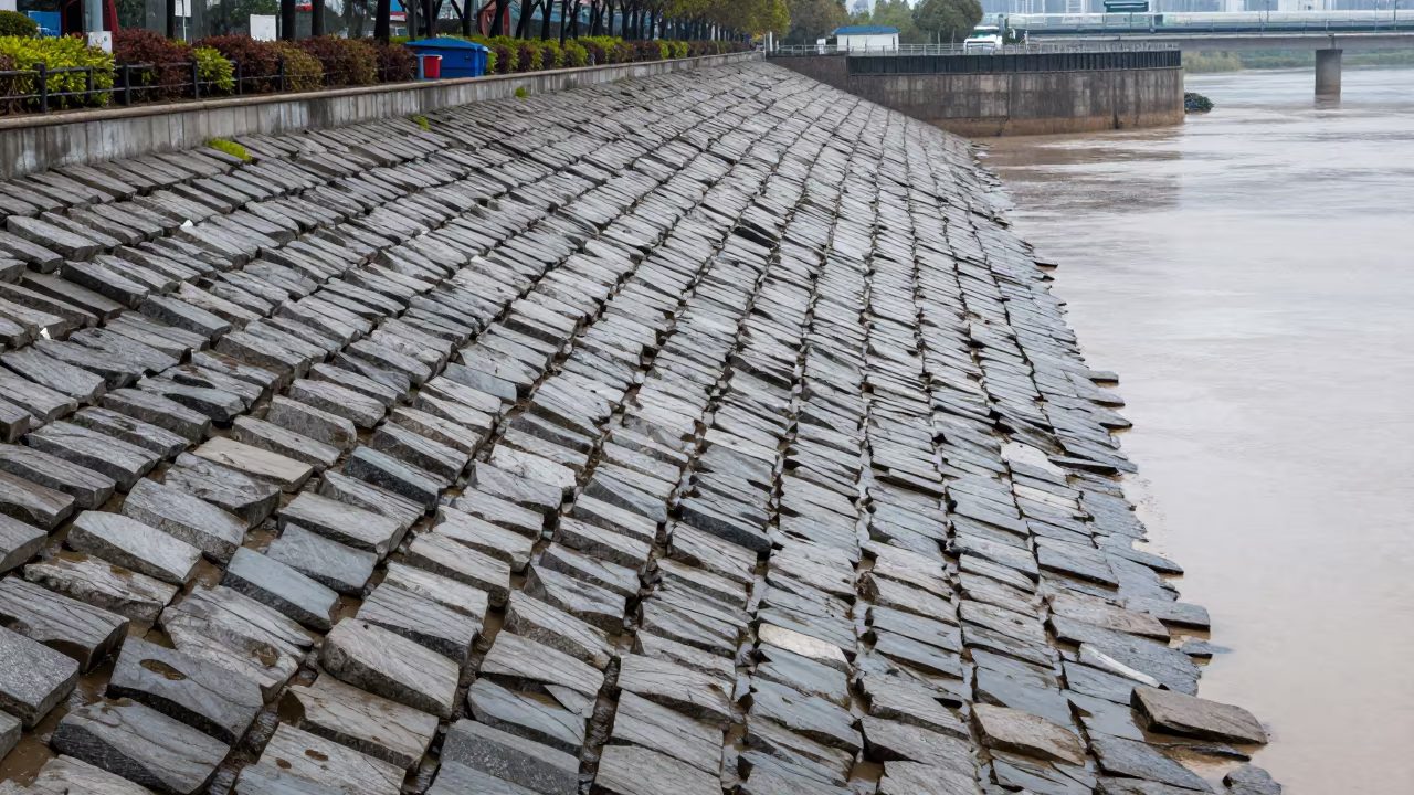 Silt Lines on Levee Riprap After Flood in beside a storm surge barrier near Nanchang
