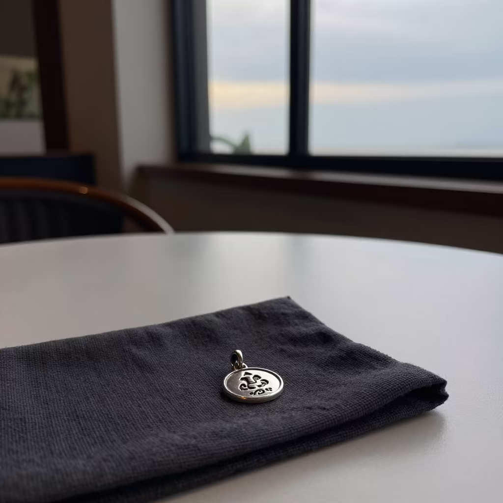 Silver Amulet on Dark Linen at Da Nang Cafe in on a cafe table by a window in Da Nang