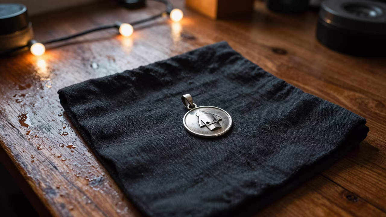 Silver Amulet on Linen in Pre-Dawn Merida in on a wooden workbench near Merida Venezuela