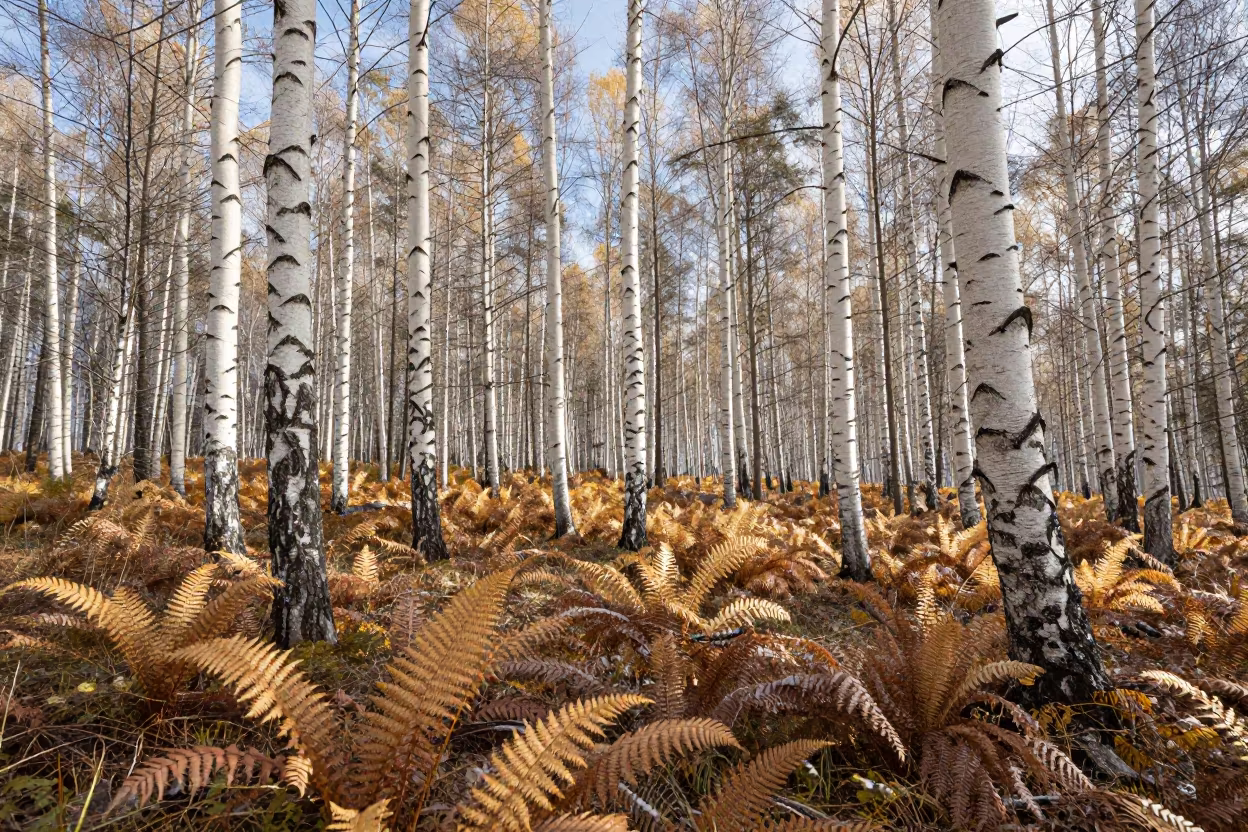 Silver Birch Grove in Arctic Summer Snow in on a fern-lined forest floor in Northwest Territories