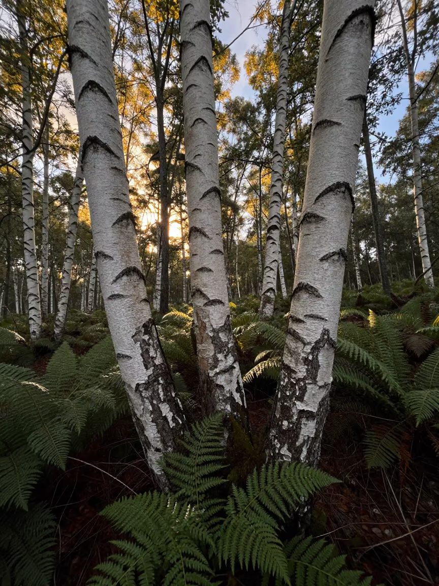 Silver Birch Grove in Golden Autumn Light in on a fern-lined forest floor near El Limón