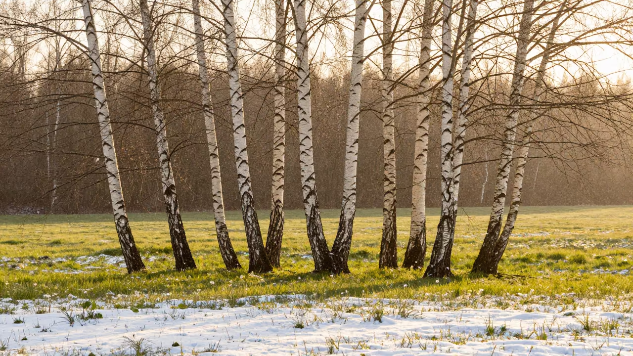 Silver Birch Trees in Golden Spring Light in in a bloom-heavy meadow in Maryland