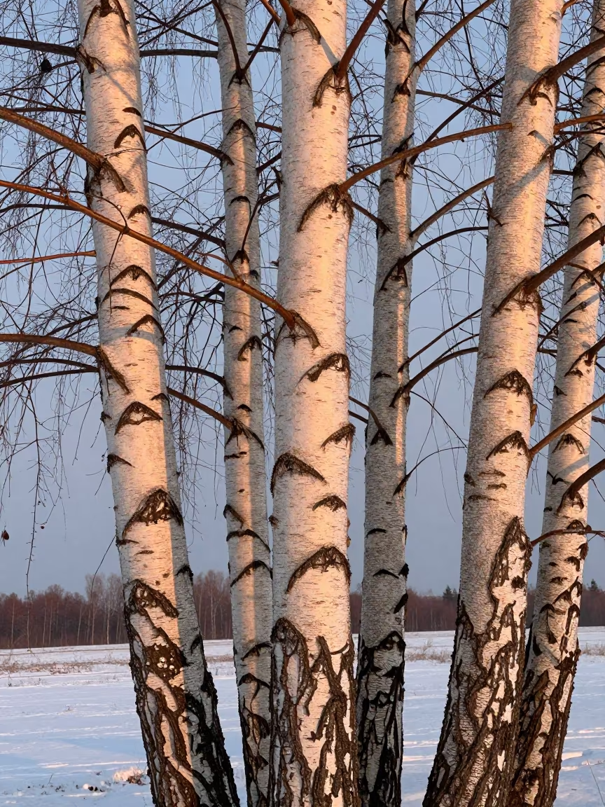 Silver Birch Trees Winter Copper Light in in Belarus