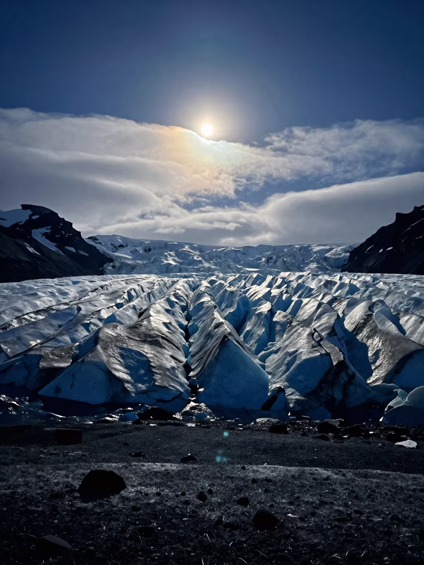 Silver Blue Glacier Face Under Moonlight Near Laugavegur in from a frost-hushed ridgeline near Laugavegur, Reykjavik