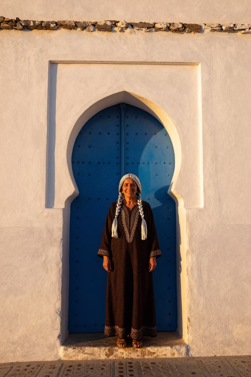 Silver Braided Woman Blue Doorway at Honeyed Evening Light in Essaouira in in Essaouira, Morocco
