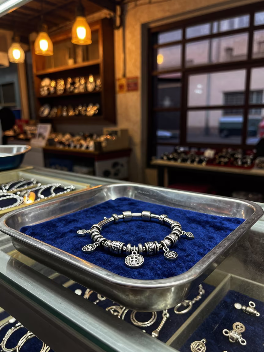 Silver Charm Bracelet on Velvet Tray in Dakar Bazaar in at a jewelry counter inside a covered bazaar in Dakar