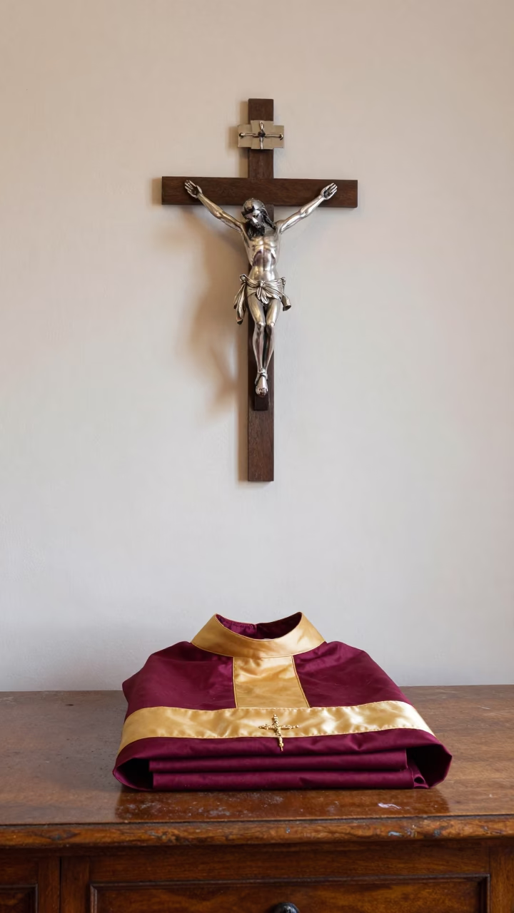 Silver Crucifix and Vestments on Library Table in on a dusty library table in Regina