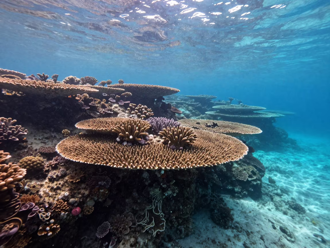 Silver Dawn Light on Layered Giant Table Corals in beneath a reef ledge in tropical shallows near Cairns