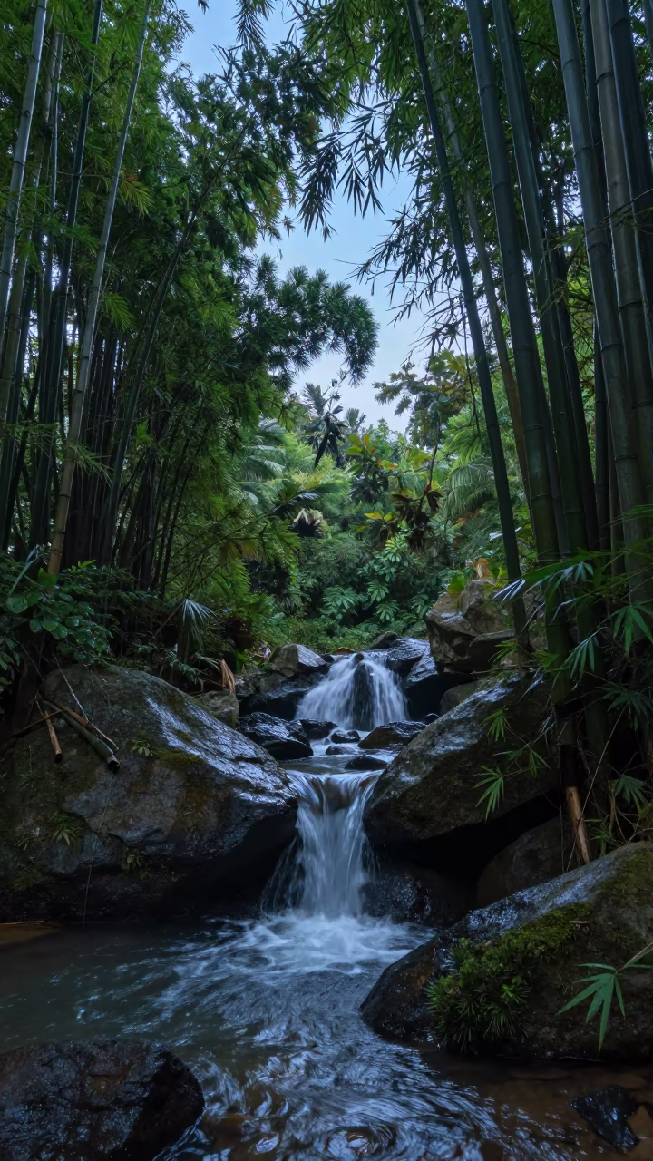 Silver Dawn Waterfalls in Dominican Bamboo Forest in in Dominican Republic
