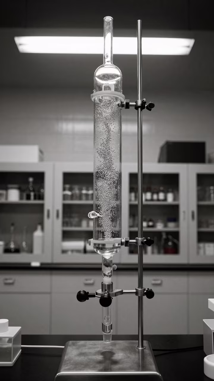 Silver Droplets on Reflux Column Midnight Lab in inside a university research lab near Rotorua