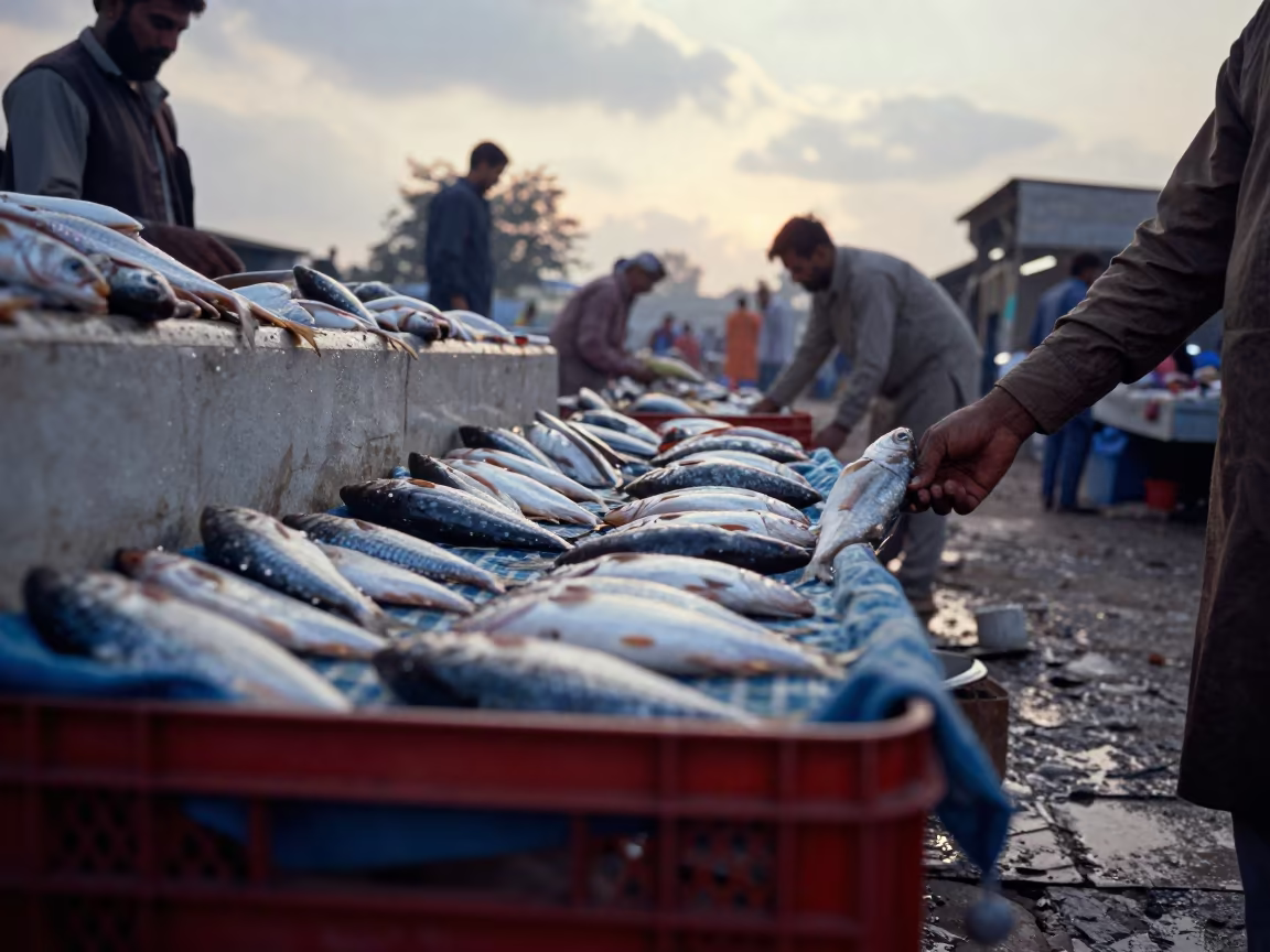 Silver Fish Display Morning Rush Chiniot Market in beside a fish counter in Chiniot