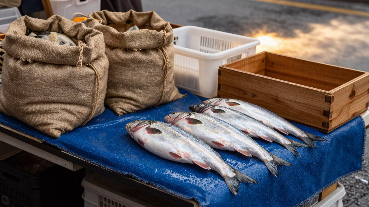 Silver Fish on Market Blanket After Rain Kyoto in at a roadside fruit stand in Kyoto