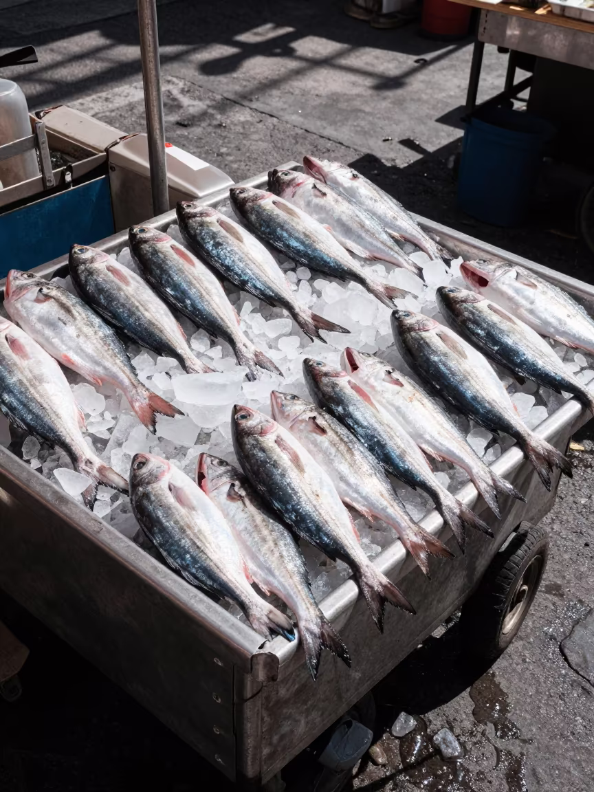 Silver Fish Market Cart Naples After Rain in beside a fish counter in Quartieri Spagnoli, Naples