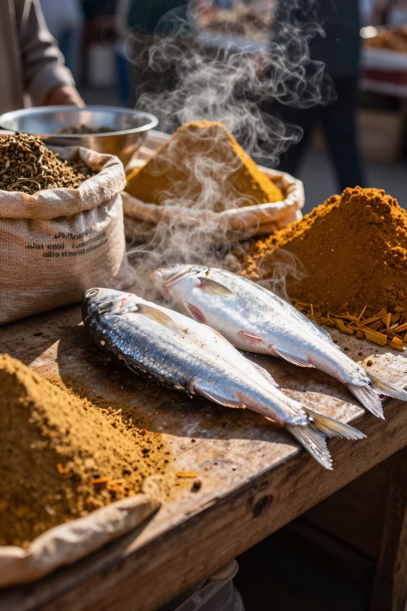 Silver Fish Market Morning Manama Spice Stall in at a spice vendor's table in Manama