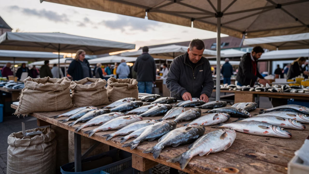 Silver Fish Market Rail Morning Nuremberg in under a market canopy in Nuremberg