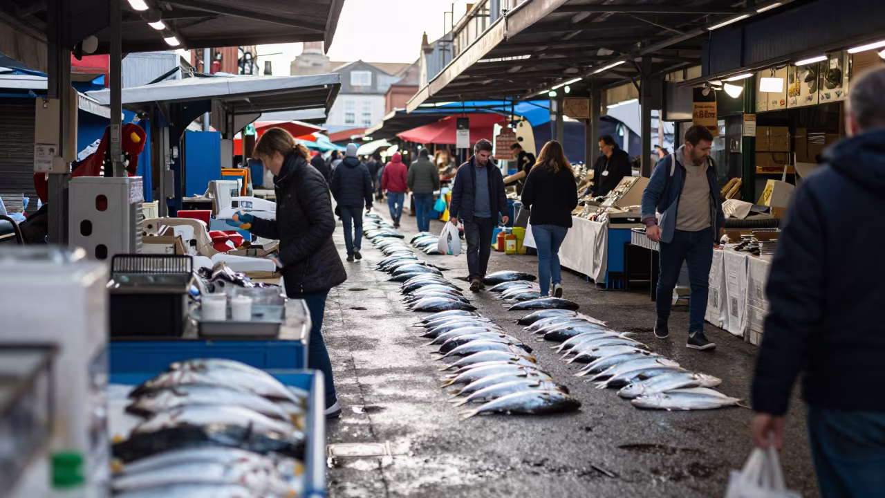 Silver Fish Market Rail Morning Rush Cork in in a covered bazaar aisle in Cork