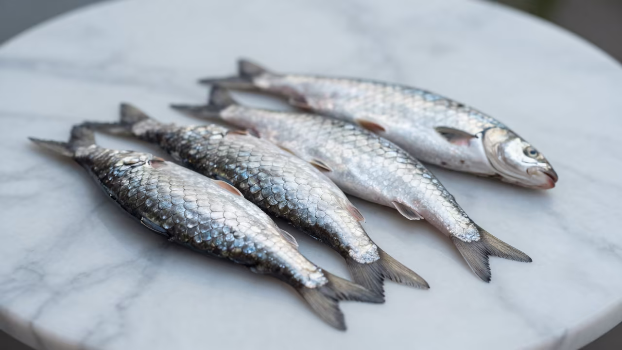 Silver Fish Scales Resting on Marble Table in on a marble cafe table in Durán