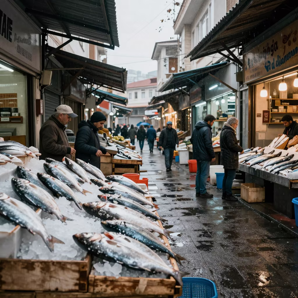 Silver Fish Stall in Antalya Bazaar Dawn in in a covered bazaar aisle in Antalya