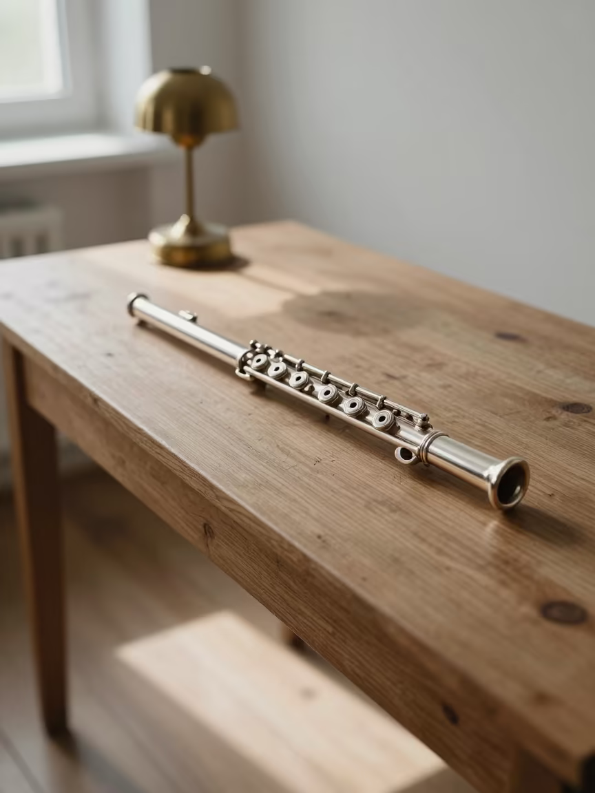 Silver Flute on Workbench in Dawn Light in on a wooden workbench near Zabrze