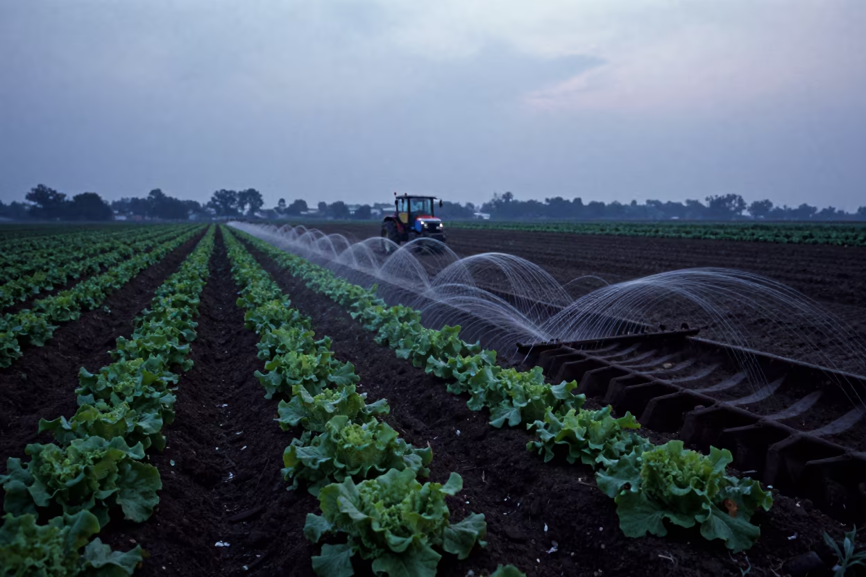 Silver Irrigation Threads Between Lettuce Rows in beside a tractor track through dark soil near Moradabad