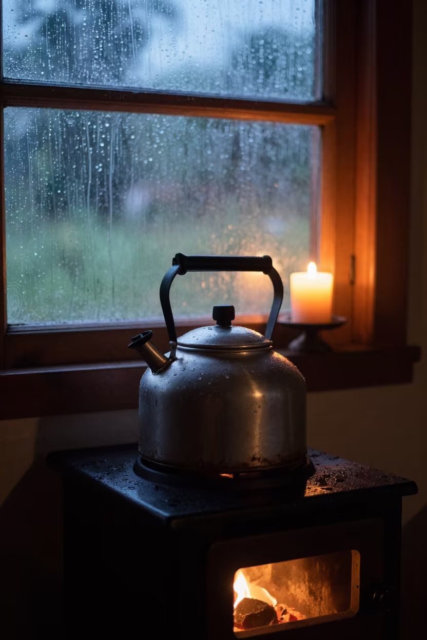 Silver Kettle on Wood Stove Gulu Twilight in beside a rain-streaked window in Gulu