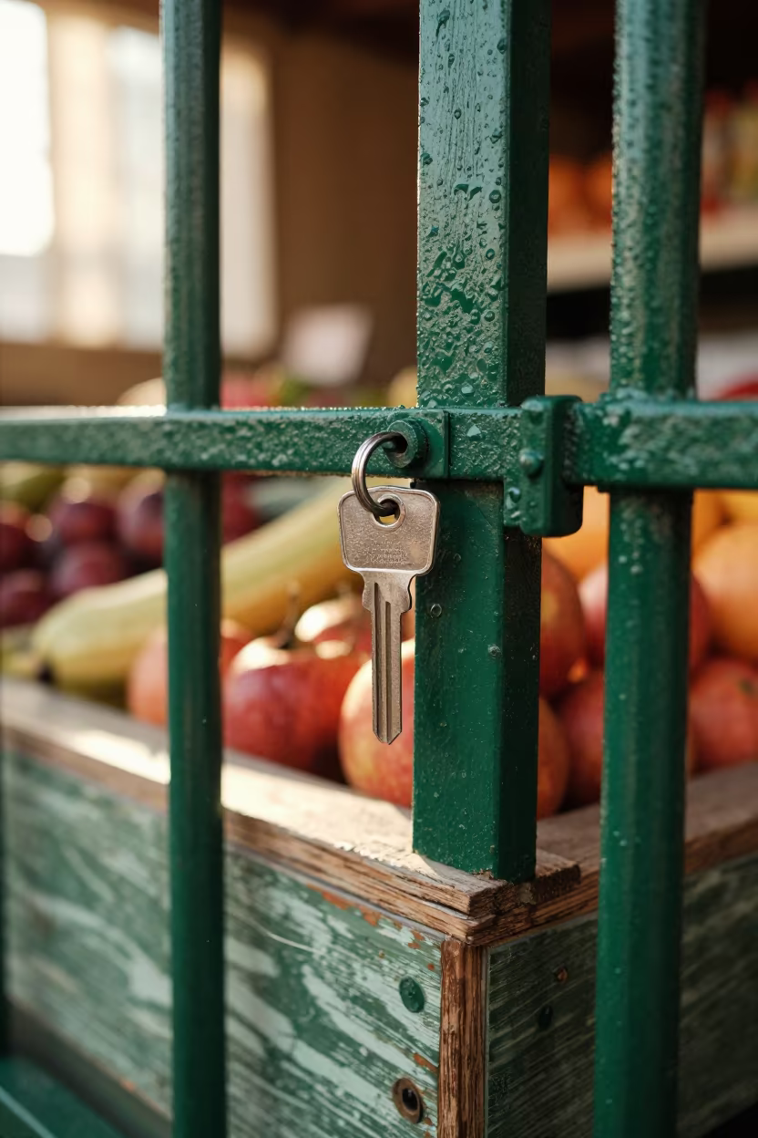 Silver Key on Green Gate Wood Grain in on a painted produce display table near Gold Coast