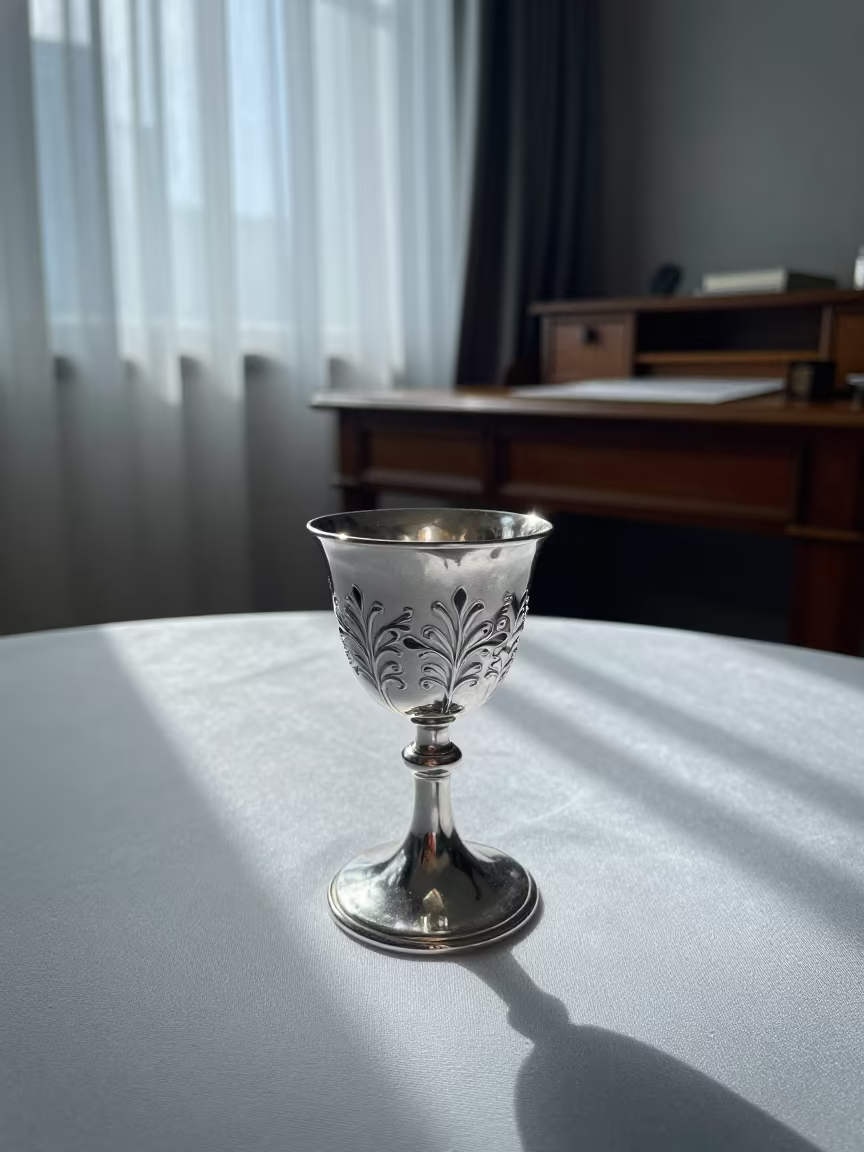 Silver Kiddush Cup in Late Afternoon Light in on a writing desk near Yau Ma Tei, Hong Kong