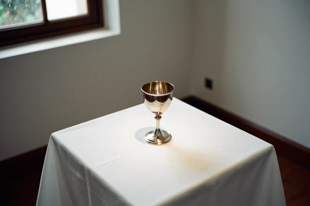 Silver Kiddush Cup on White Plinth in on a museum plinth in Guayaquil