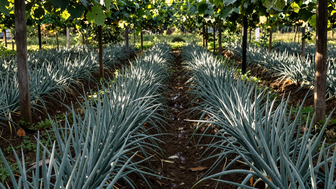 Silver Onion Furrow in Sri Lankan Vineyard in between vineyard trellises in Sri Lanka