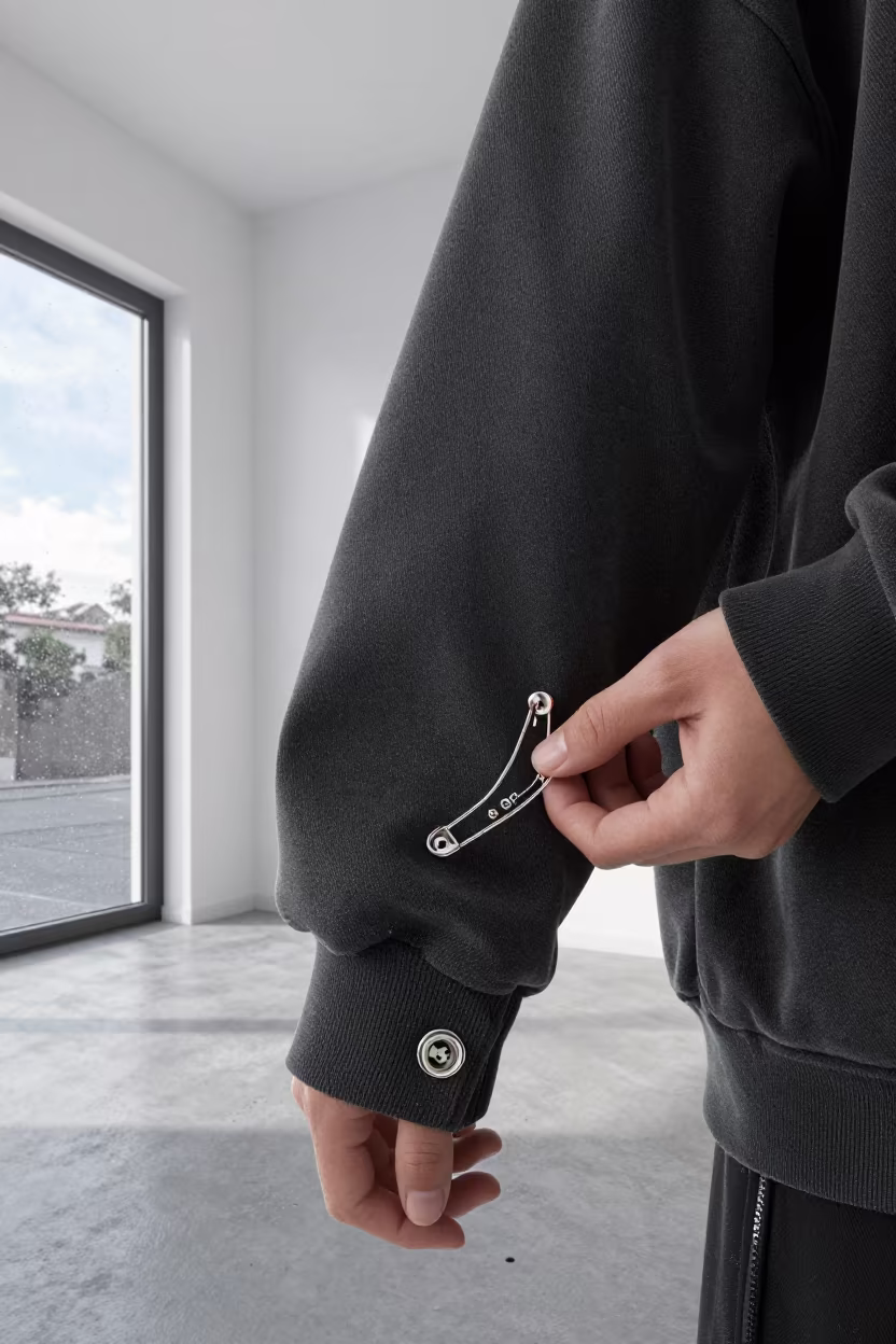 Silver Pins Secure Oversize Cuffs in Thessaloniki Showroom in inside a minimalist showroom in Thessaloniki