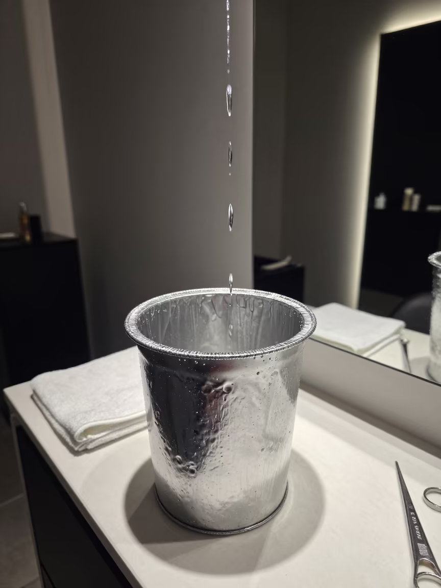 Silver Rain Foil Recycling in Kyiv Salon in in a beauty supply area under white LEDs in Kyiv