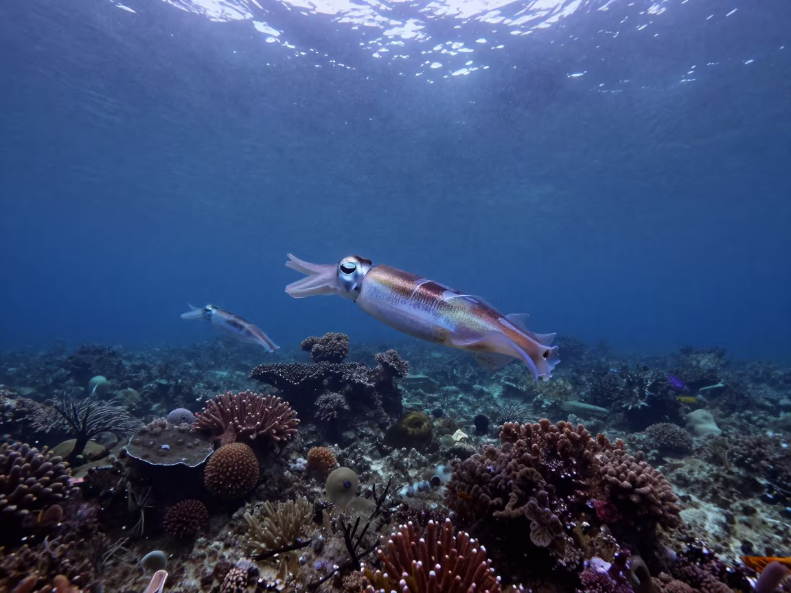 Silver Reef Squid School in Twilight Cebu Waters in beneath a reef ledge in tropical shallows near Cebu