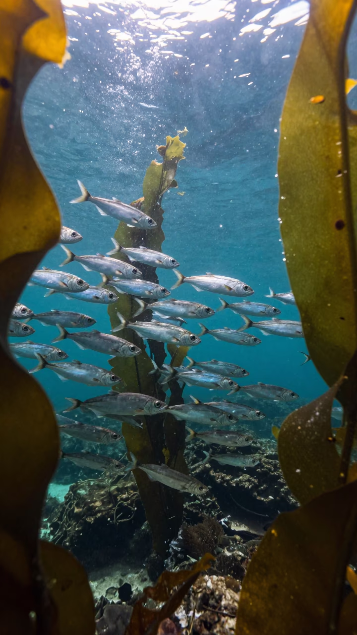 Silver Sardine School Near Mombasa Kelp at Dawn in along a kelp-fringed shelf near Mombasa